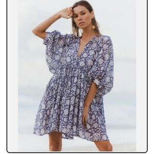 DAUGHTERS OF INDIA Size L Kyra Mini Dress in Blue Iris Large Floral 100% Cotton